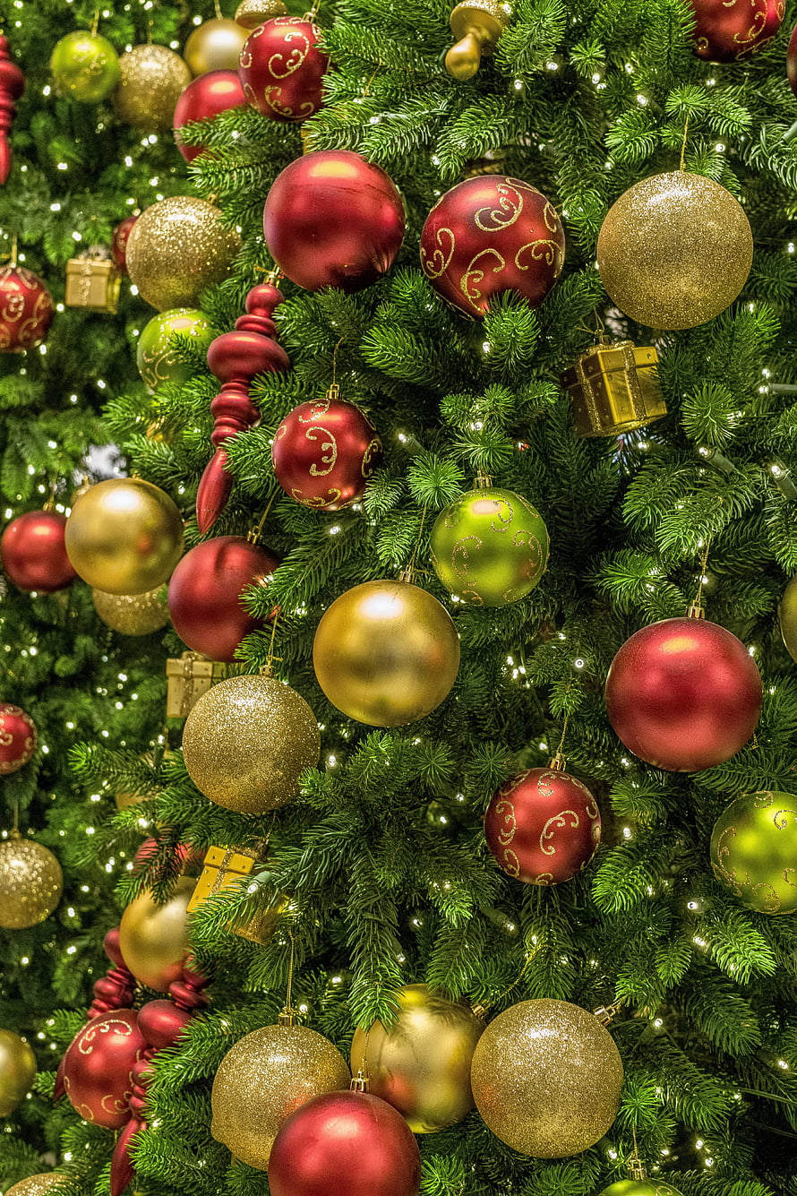 Close-up of a Christmas tree decorated with red, gold, and green baubles and small gift boxes HD phone wallpaper