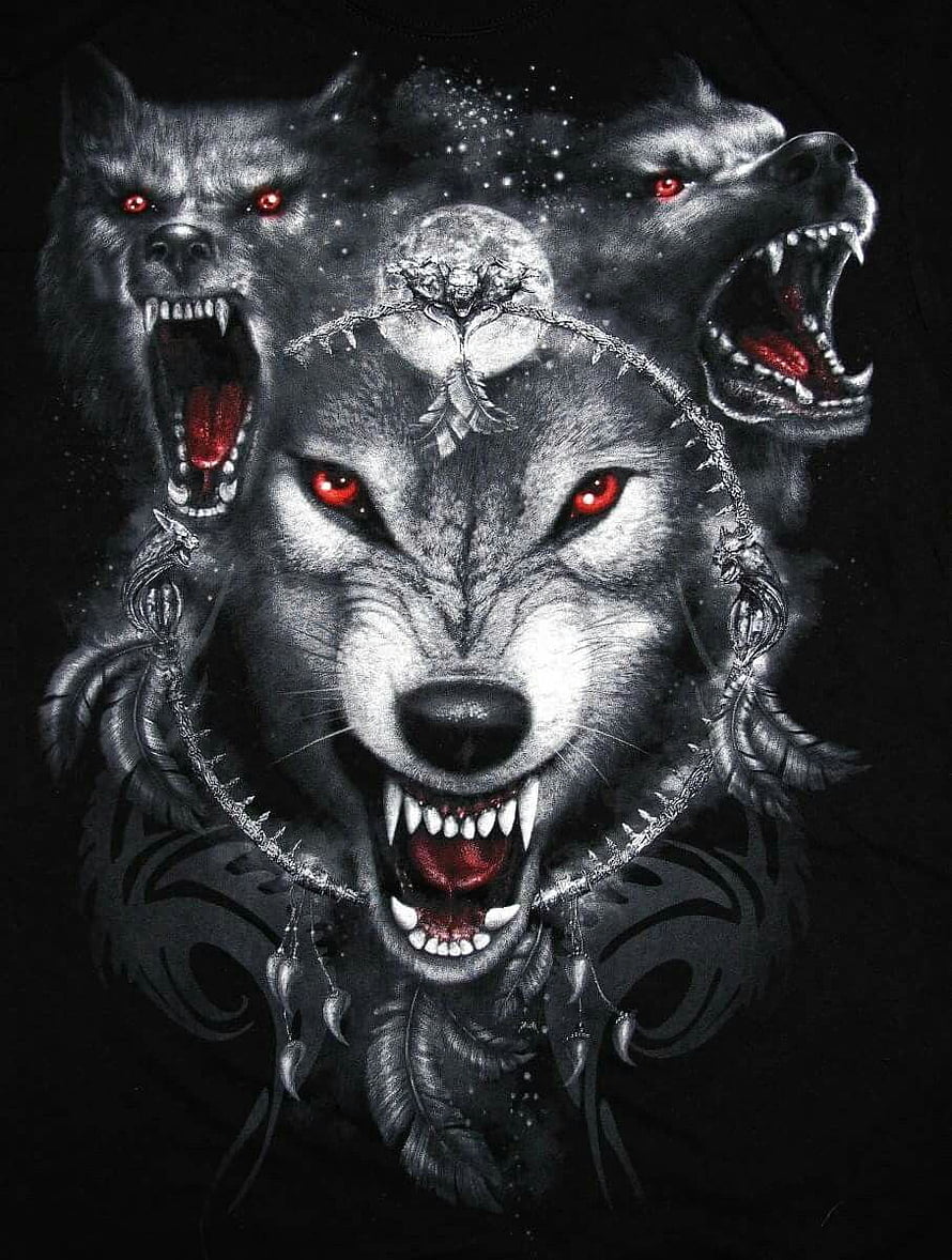 Dark Tribal Wolf Tattoo Design with Red Eyes and Moon HD phone wallpaper