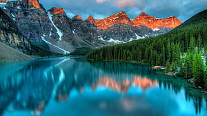 Maligne Lake Reflections in the Canadian Rockies at Golden Hour HD wallpaper