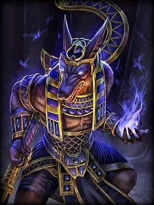 Anubis Egyptian God Digital Art with Golden Armor and Mystical Purple Energy HD phone wallpaper
