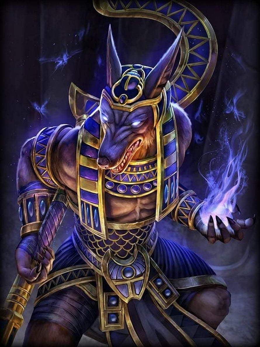 Anubis Egyptian God Digital Art with Golden Armor and Mystical Purple Energy HD phone wallpaper