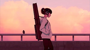 Anime Girl With Guitar Case Walking At Sunset HD wallpaper