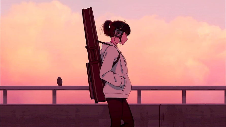 Anime Girl With Guitar Case Walking At Sunset HD wallpaper