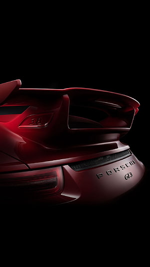 Porsche 911 GT3 rear spoiler and taillight detail in deep red on a black background HD phone wallpaper