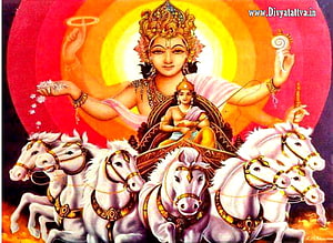 Lord Surya Dev riding a chariot pulled by seven white horses with radiant sun halo HD wallpaper