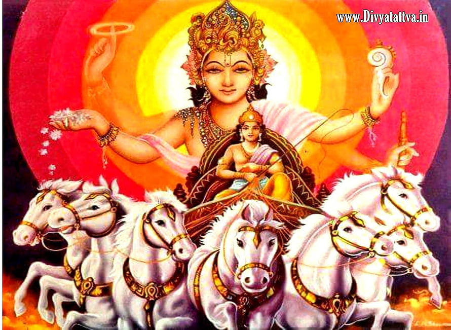 Lord Surya Dev riding a chariot pulled by seven white horses with radiant sun halo HD wallpaper