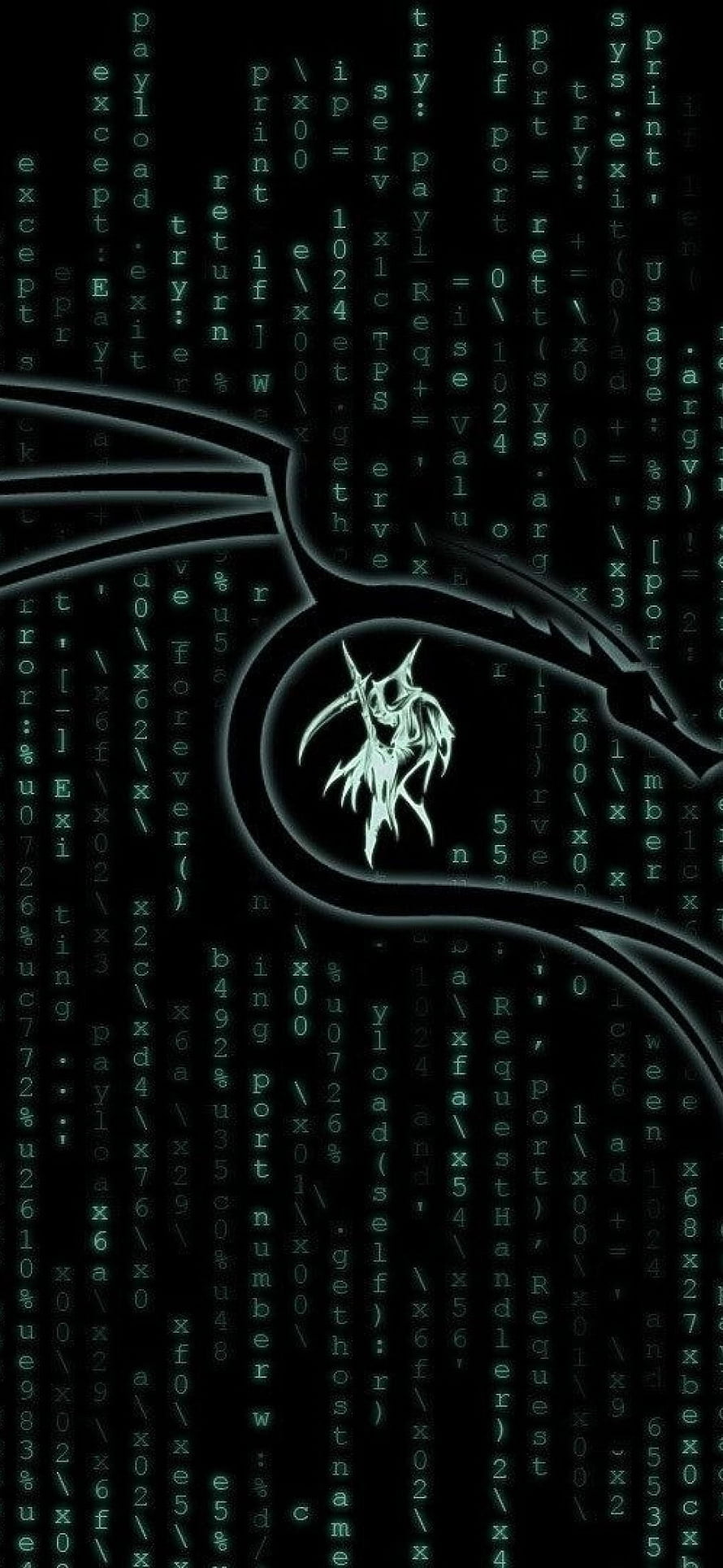 Kali Linux Matrix Code Rain with Glowing Dragon Silhouette on Dark Background HD phone wallpaper