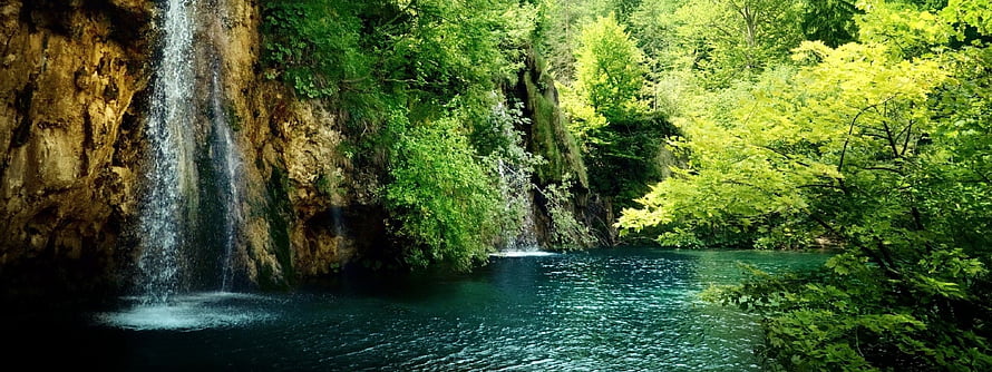 Serene Forest Waterfall Cascading Into a Turquoise Pool Surrounded by Lush Green Foliage HD wallpaper