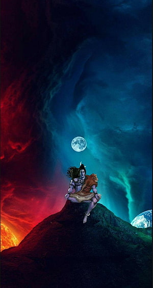 Lord Shiva Meditating on Cosmic Mountain with Moon and Planets HD phone wallpaper
