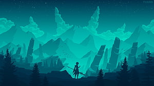 Genshin Impact Silhouette Standing Before Majestic Teal Mountain Range at Night HD wallpaper