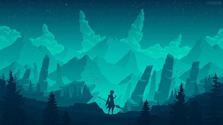 Genshin Impact Silhouette Standing Before Majestic Teal Mountain Range at Night HD wallpaper