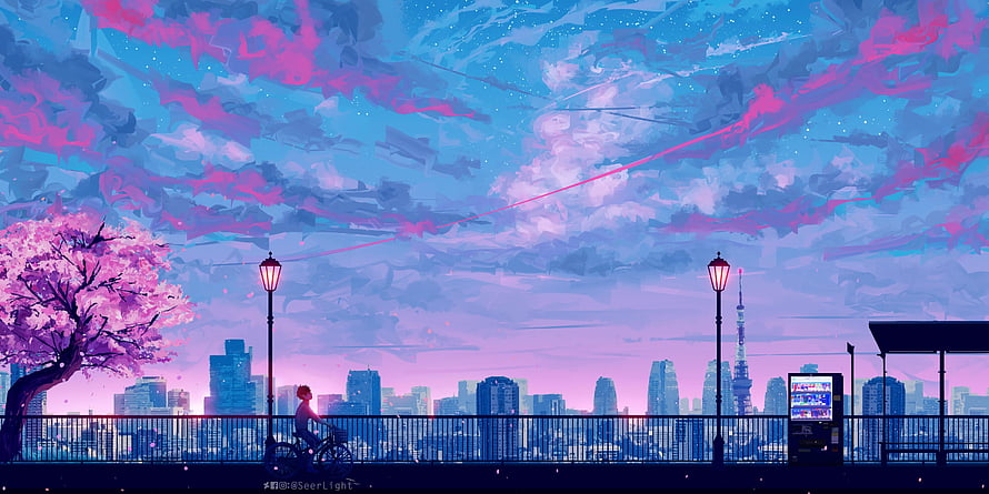 Anime Style Tokyo Cityscape With Cherry Blossom Tree And Cyclist At Sunset HD wallpaper
