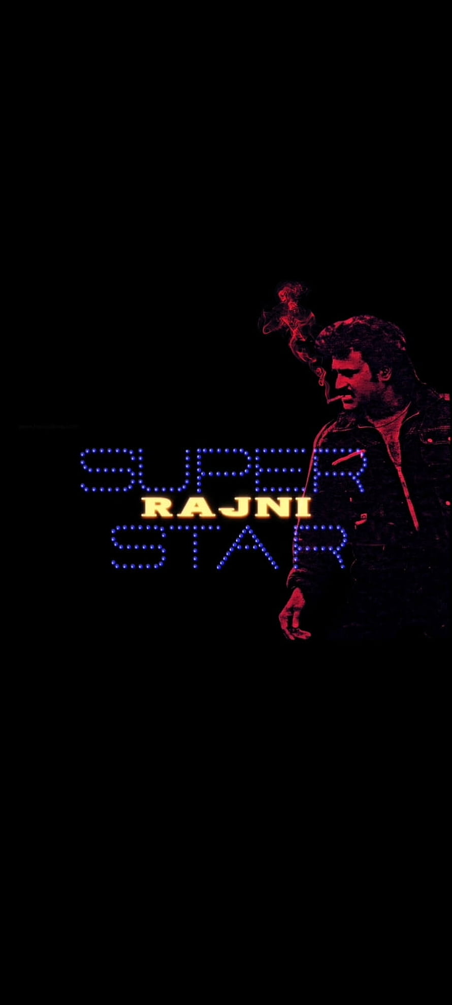 Rajinikanth in dramatic red silhouette with neon blue dot-matrix text on black background HD phone wallpaper