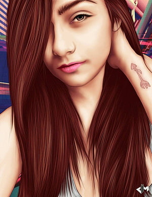 Digital Art Portrait of a Girl with Long Brown Hair and Arrow Tattoo HD phone wallpaper