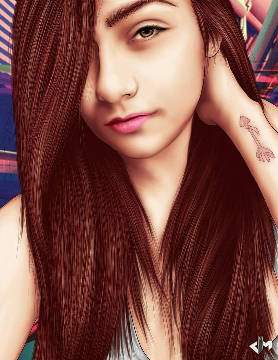 Digital Art Portrait of a Girl with Long Brown Hair and Arrow Tattoo HD phone wallpaper
