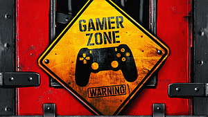 Gamer Zone Warning Sign with Controller Icon on Rustic Red Metal Door HD wallpaper