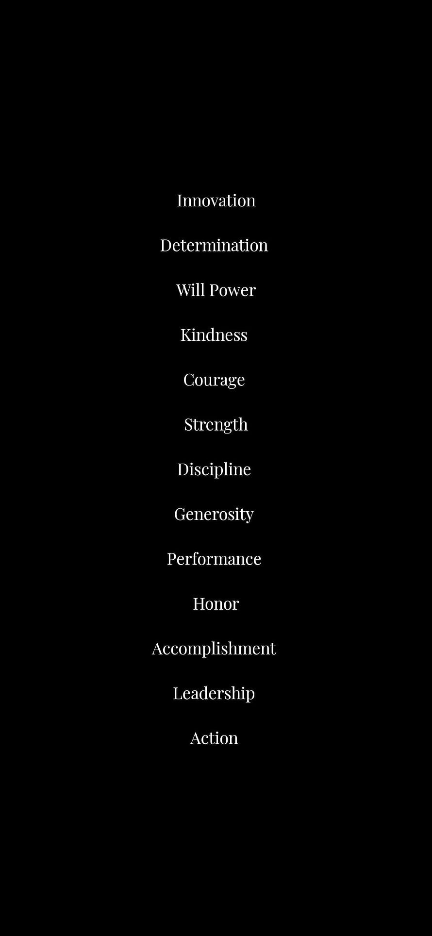Minimalist Black Background with White Text List of Core Values and Virtues HD phone wallpaper