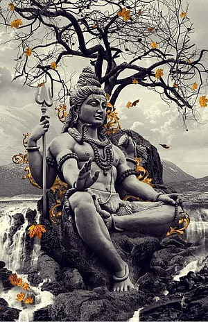 Statue of Lord Shiva Meditating by a Waterfall with Trishul and Autumn Leaves HD phone wallpaper