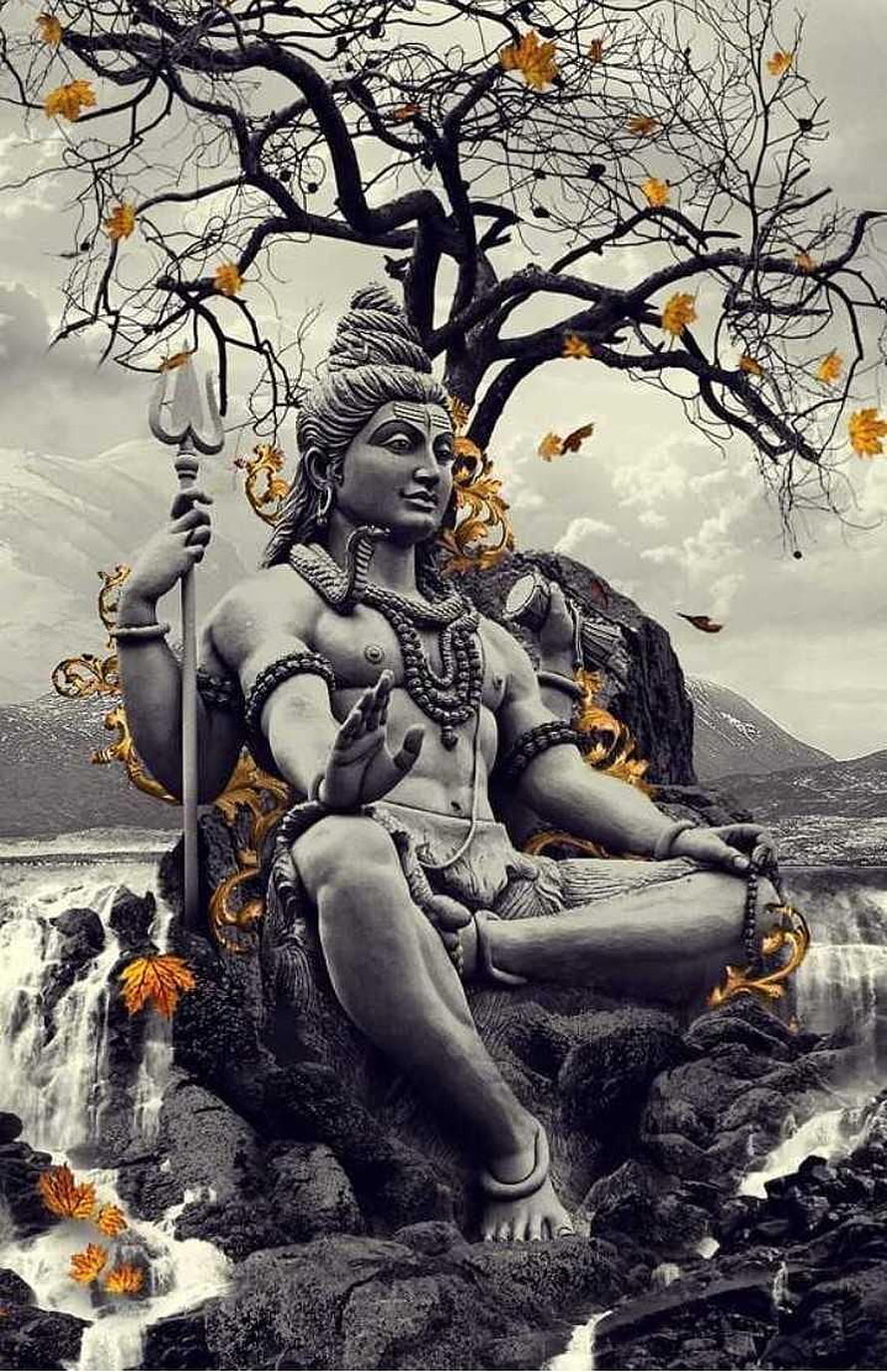 Statue of Lord Shiva Meditating by a Waterfall with Trishul and Autumn Leaves HD phone wallpaper