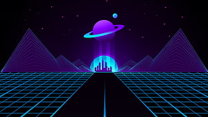 Retro Synthwave Landscape With Neon Grid, Ringed Planet, and Futuristic City Skyline HD wallpaper