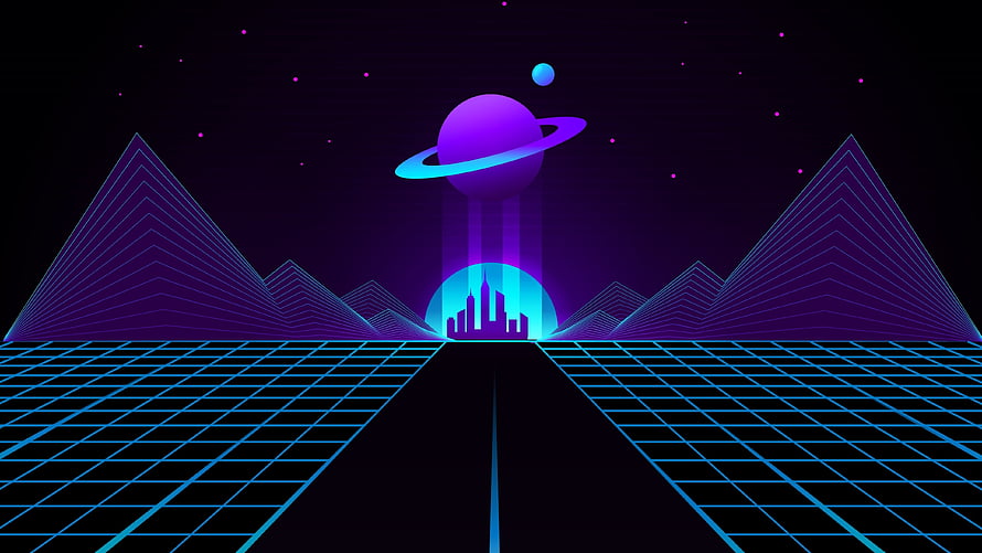 Retro Synthwave Landscape With Neon Grid, Ringed Planet, and Futuristic City Skyline HD wallpaper