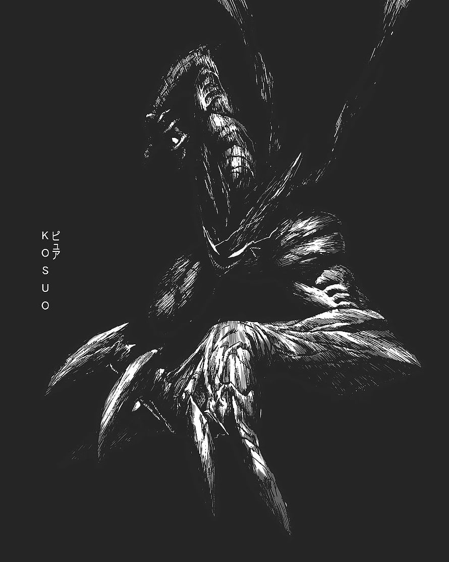 Kosuo from One Punch Man in a dramatic black and white ink illustration, Garou, saitama, anime HD phone wallpaper