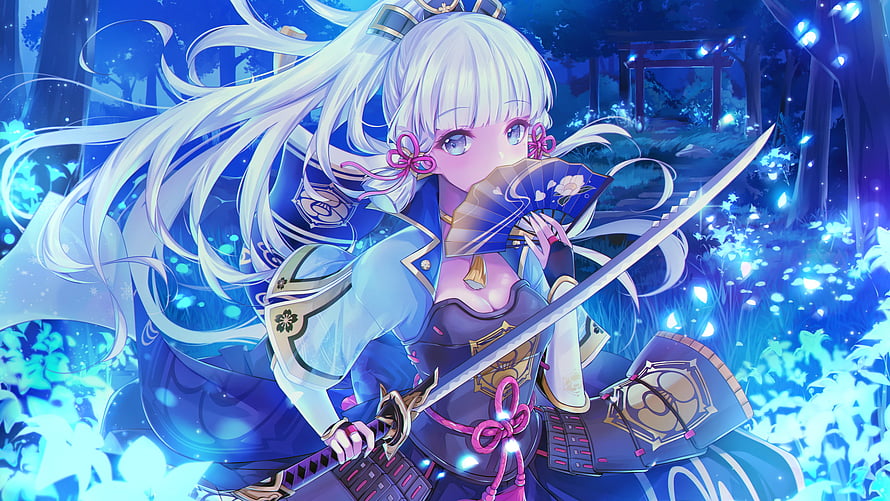 Kamisato Ayaka in Blue Armor Holding a Katana in a Glowing Forest HD wallpaper