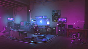 Neon-lit Cyberpunk Hacker Room with Multiple Monitors and Futuristic Tech Setup HD wallpaper