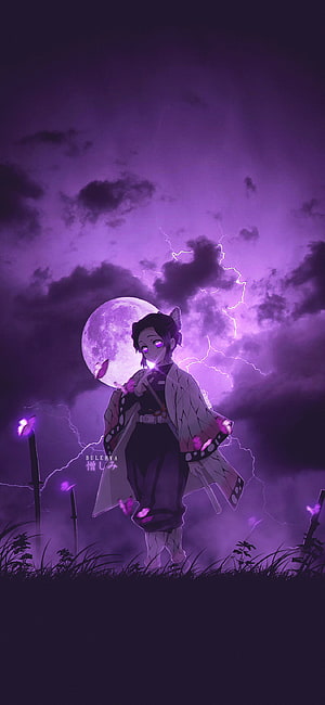 Shinobu Kocho from Demon Slayer standing under a purple moonlit sky with lightning and butterflies HD phone wallpaper