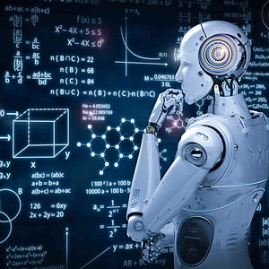 White humanoid robot in contemplative pose surrounded by glowing mathematical equations and molecular structures HD phone wallpaper