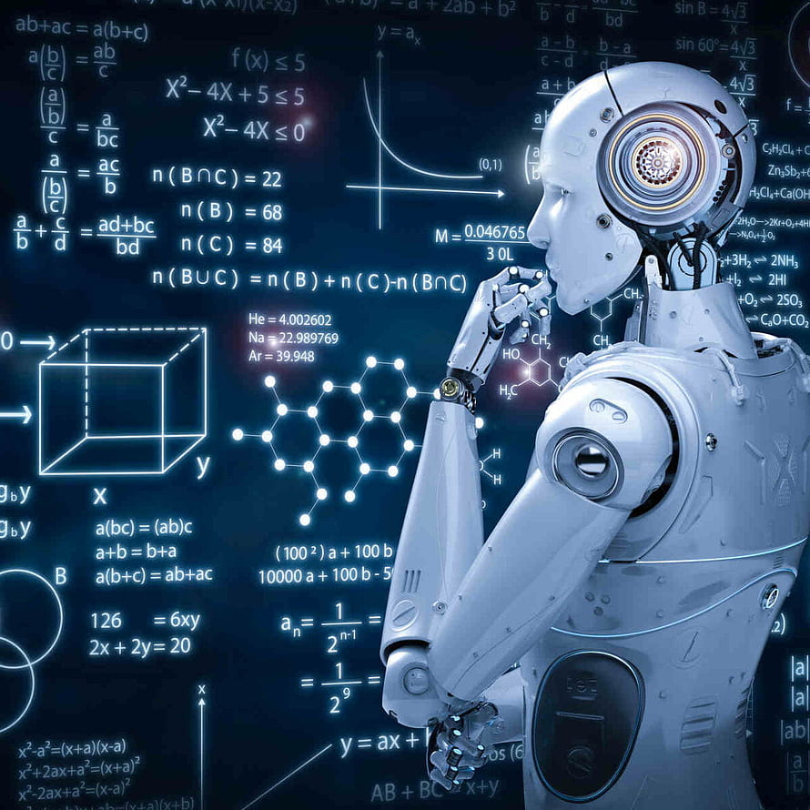White humanoid robot in contemplative pose surrounded by glowing mathematical equations and molecular structures HD phone wallpaper
