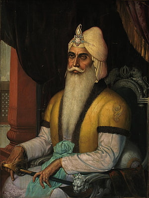 Portrait of Maharaja Ranjit Singh in Yellow Robe and Turban Holding Sword HD phone wallpaper