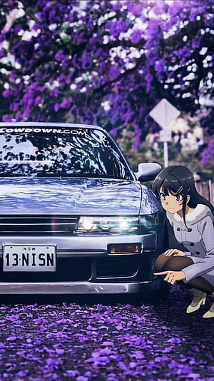 Anime Girl Crouching Beside Silver JDM Car Under Purple Wisteria Blossoms HD phone wallpaper