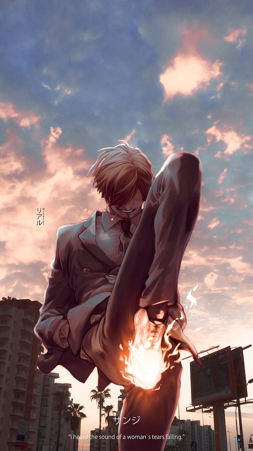 Sanji One Piece Anime Wallpaper - Dashing Kick with Fire Effect at Sunset HD phone wallpaper