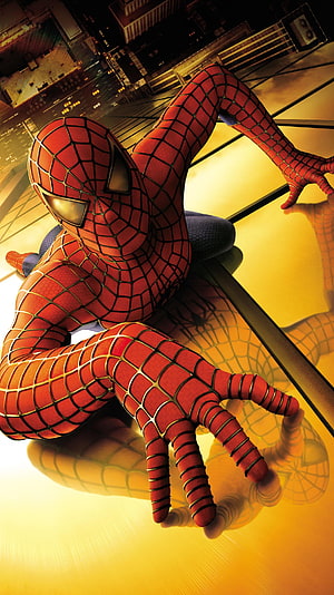 Spider-Man 2002 Classic Red Suit Leaning on Glass Skyscraper at Golden Hour, Spider Man (2002) , Spider Man For Mobile HD phone wallpaper