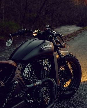 Indian Scout Bobber Matte Black Motorcycle on Gravel Road at Dusk HD phone wallpaper