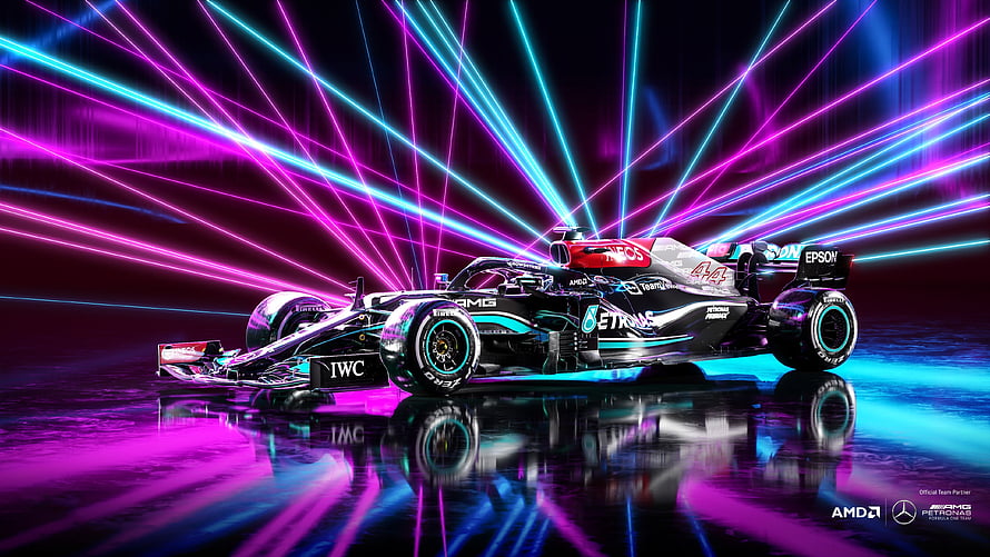 Mercedes AMG Petronas F1 W12 E Performance Car with Neon Laser Light Show HD wallpaper