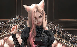 Pink-Haired Kemonomimi Girl in Black Dress Seated on Ornate Baroque Sofa HD wallpaper