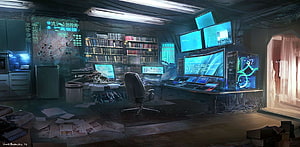 Cyberpunk Hacker Room Interior With Multiple Monitors And Neon Lights HD wallpaper