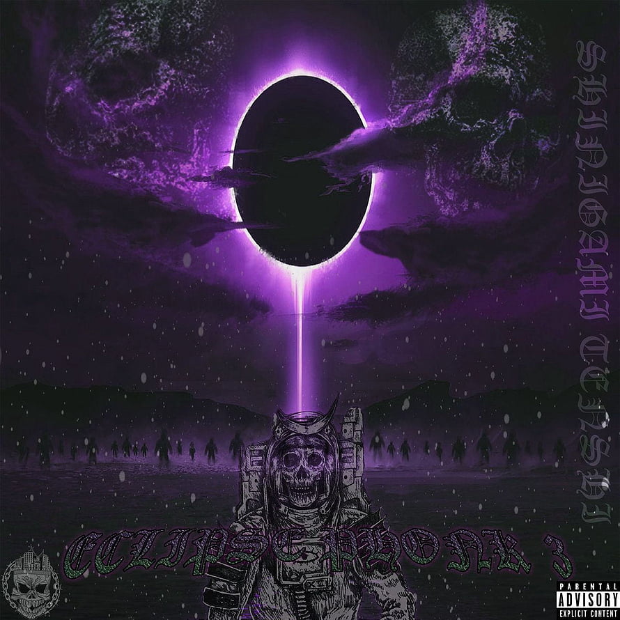 Skull Astronaut Under Purple Eclipse with Dark Forest and Snowfall HD phone wallpaper