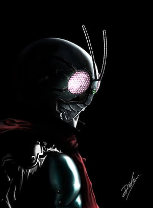 Kamen Rider Black RX Digital Art Portrait with Glowing Pink Eyes and Red Cape HD phone wallpaper