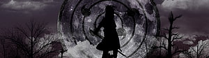 Itachi Uchiha Silhouette with Sharingan Symbol in Dark Stormy Landscape HD wallpaper