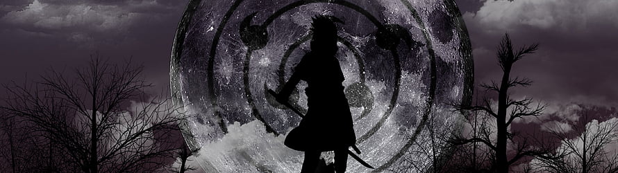 Itachi Uchiha Silhouette with Sharingan Symbol in Dark Stormy Landscape HD wallpaper