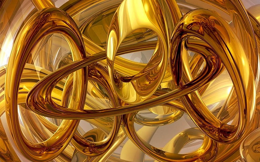 Golden Abstract 3D Render of Interlocking Metallic Loops and Fluid Curves HD wallpaper