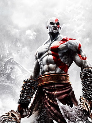 Kratos from God of War Ragnarok standing with Blades of Chaos in snowy landscape HD phone wallpaper