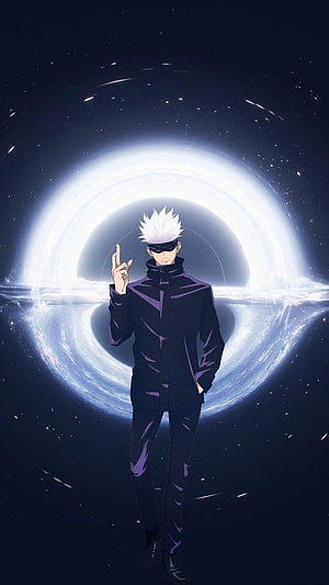 Gojo Satoru from Jujutsu Kaisen standing in front of a glowing cosmic black hole HD phone wallpaper