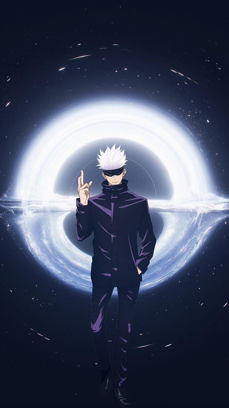 Gojo Satoru from Jujutsu Kaisen standing in front of a glowing cosmic black hole HD phone wallpaper