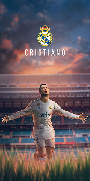 Cristiano Ronaldo Real Madrid Celebration Wallpaper with Sunset Stadium Background HD phone wallpaper