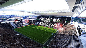 Arena Corinthians Stadium Interior With Massive Tifo Display And Flares HD wallpaper
