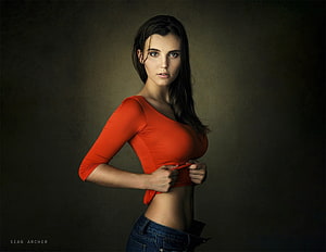 Studio Portrait of a Woman in a Red Top and Denim Jeans, Unknown Model, babe, lady, model, woman HD wallpaper